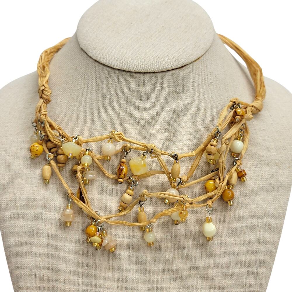 Vintage Boho Raffia Bib Statement Necklace Woven Straw Wood Beaded Collar